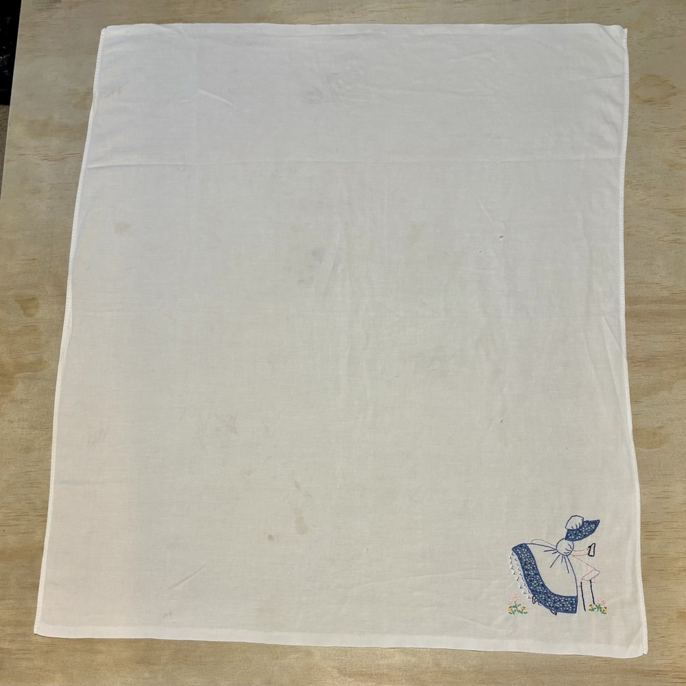 Vintage Hand Embroidered 'Ironing Day' Kitchen Tea Towel~Girl w/Iron ~30"x34" - Picture 2 of 8